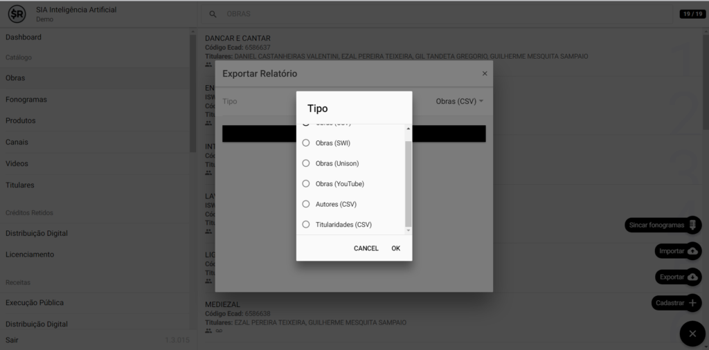 SMART RIGHTS - Como exportar obras - 02 - Tipos