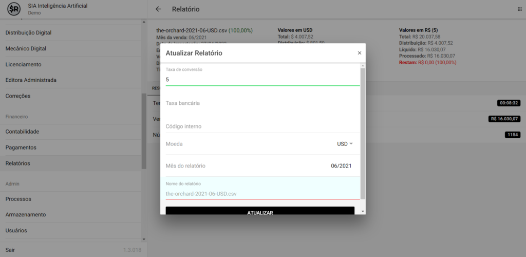 SMART RIGHTS - Como processar relatórios - 03 - Insira Taxa de conversão