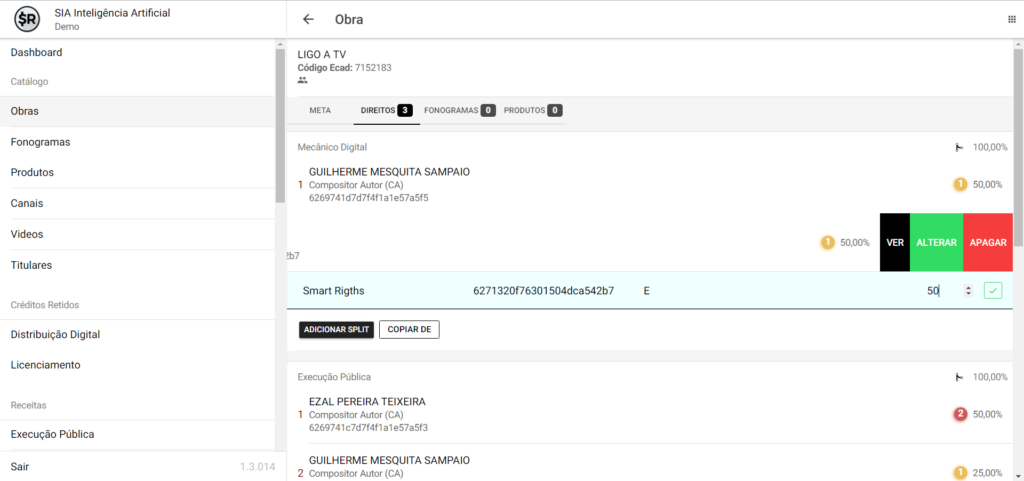 Arraste para alterar o percentual de cada titular