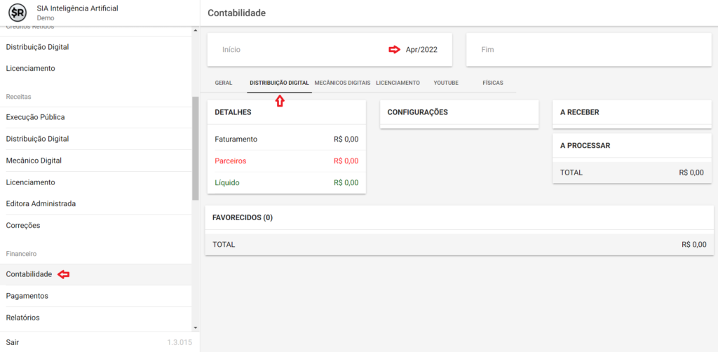 Na seção "Financeiro" entre na guia "Contabilidade" e selecione o tipo de direito a gerar relatório.