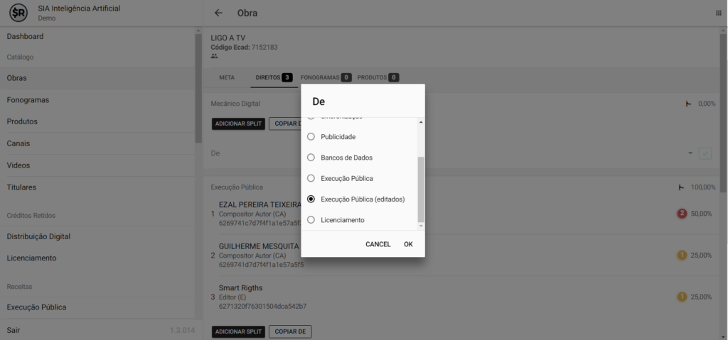 Selecione o tipo de direito para copiar as porcentagens