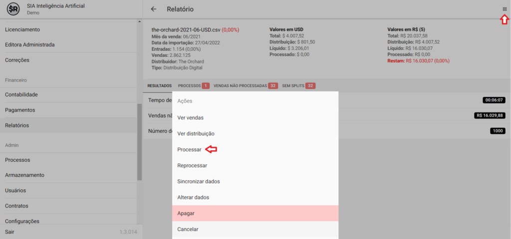 Selecione a opção "Processar"