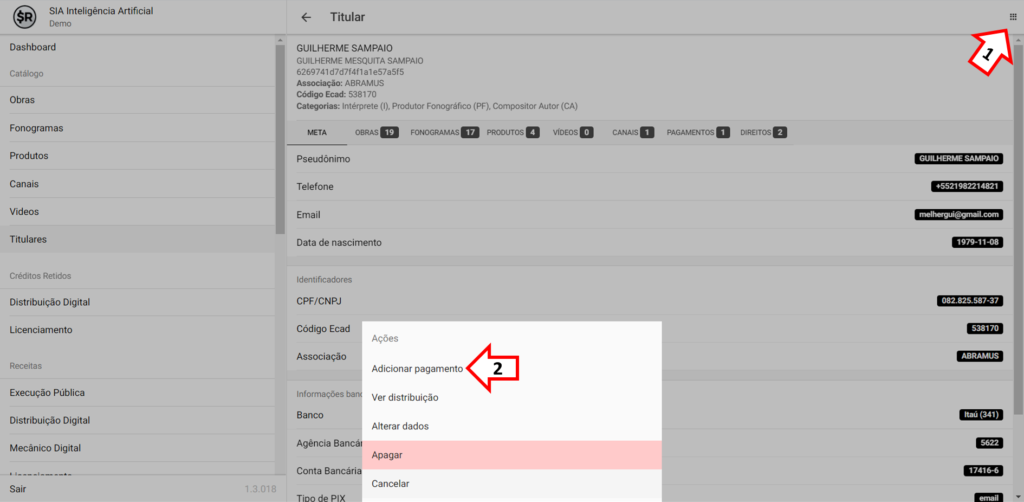 SMART RIGHTS - Como adicionar pagamentos a um titular - 02 - Menu de Ações
