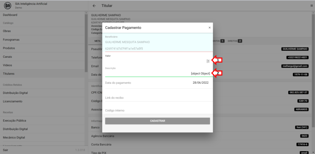 SMART RIGHTS - Como adicionar pagamentos a um titular - 03 - Insira as informações