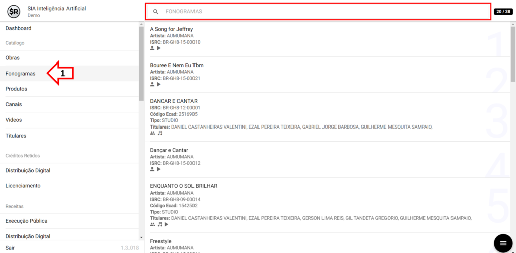SMART RIGHTS - Como exportar vendas de Distribuição Digital por fonograma - 01 - Selecione o fonograma