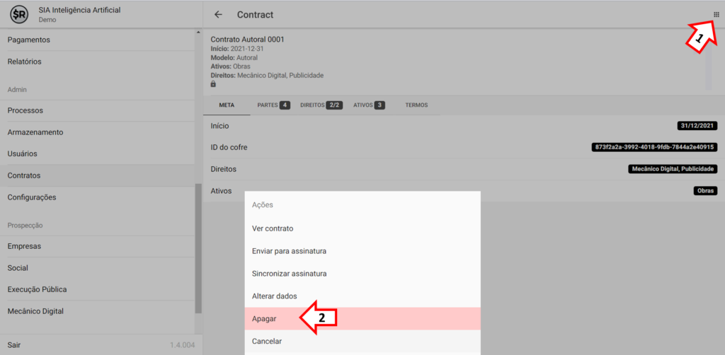 SMART RIGHTS - Como apagar um contrato - 02 - Menu de ações