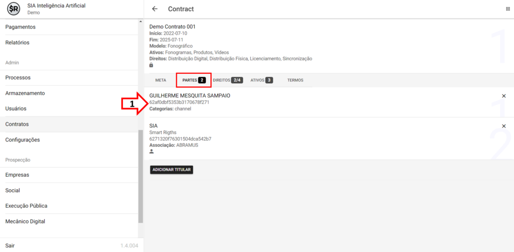 SMART RIGHTS - Como enviar um contrato para assinatura digital - 01 - Selecione o titular