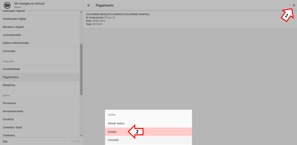 Smart Rights - Como apagar pagamentos - 02 - Menu de Ações